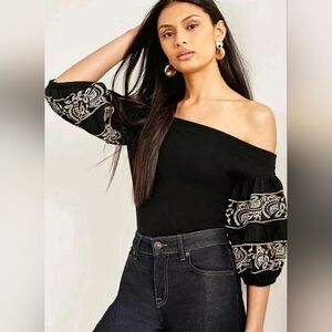 Free People Rock With It Black Off-Shoulder Top with Embroidered Sleeves